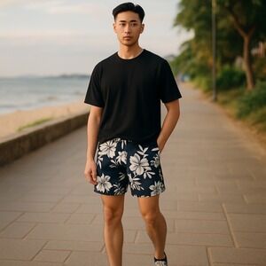 Mens Islander‎ Floral Swim Trunks Medium Navy Blue White Beach Shorts